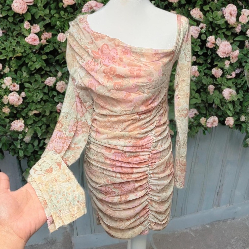 Free People Chloe Garden Mini Dress Medium Ruched Mesh Bodycon Coquette Romantic